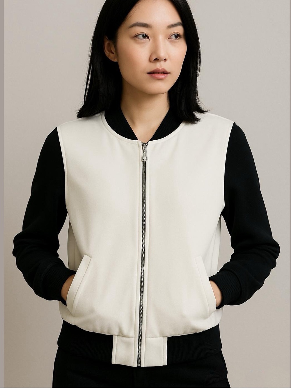 Aritzia Babaton Blouson Bomber Crepe Zip Up Jacket Black White - Size S